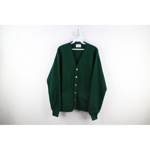 Vintage 60s 70s Streetwear Mens XL Kurt Cobain Knit Cardigan Sweater Green USA